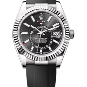 New Rolex Sky-Dweller White Gold Bright Black Index Dial Fluted Bezel Oysterflex Rubber Strap 336239